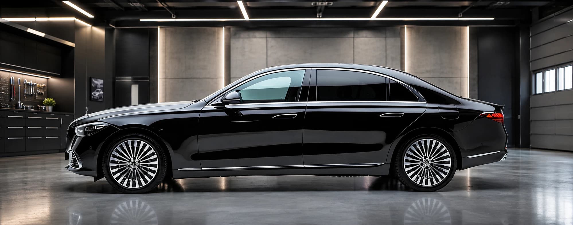 Schwarze Limousine in einer modernen Werkstatt