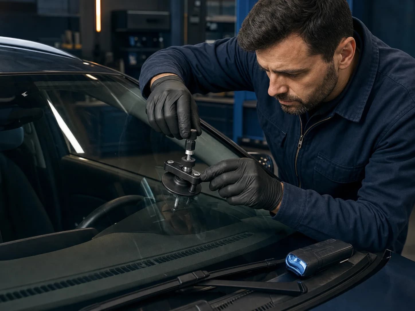 Techniker repariert einen kleinen Steinschlag mit einem professionellen Reparaturwerkzeug
