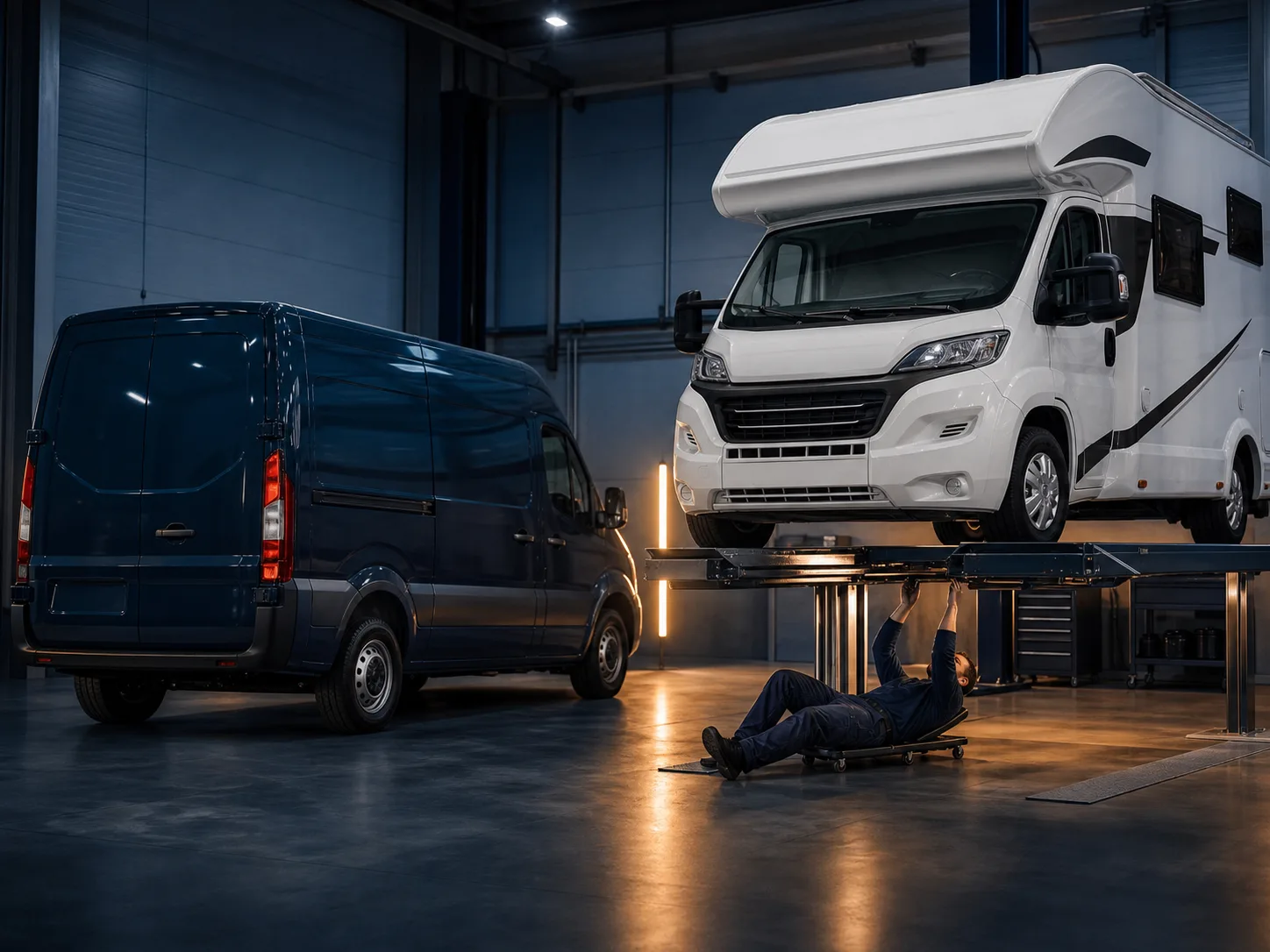 Transporter und Wohnmobil bei einer professionellen Werkstattprüfung
