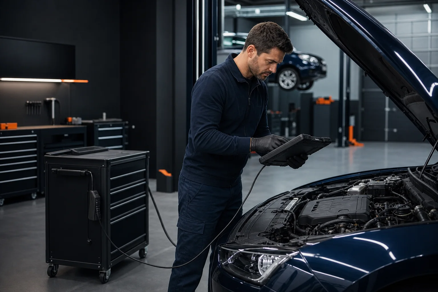 Techniker führt an einem geöffneten Motorraum eine professionelle Fahrzeugdiagnose mit einem Diagnosegerät durch