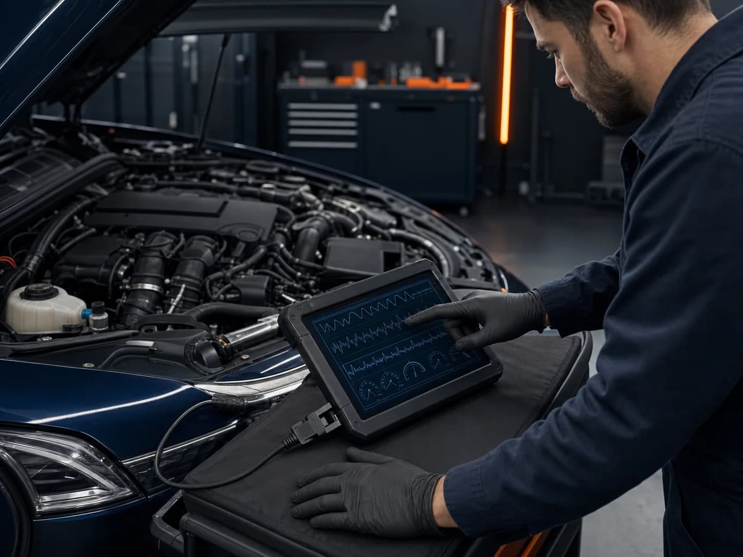 Techniker vergleicht Live-Daten auf einem Diagnosegerät mit den Messwerten des Motors