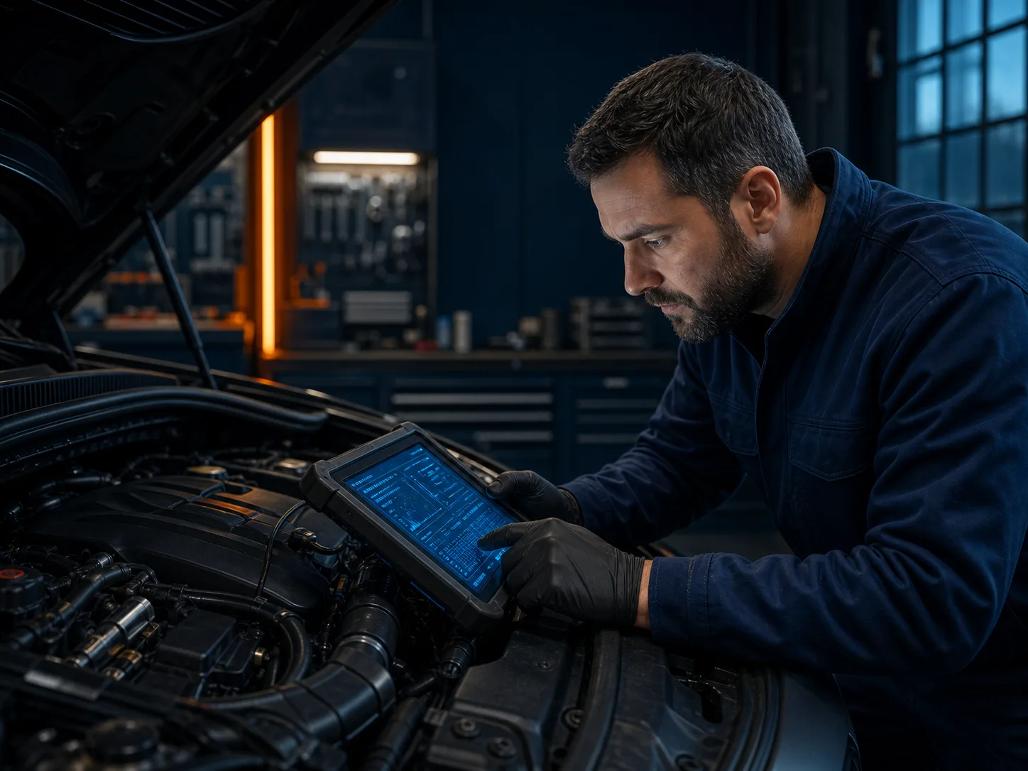 Techniker bei der professionellen Motordiagnose mit einem Diagnosegerät