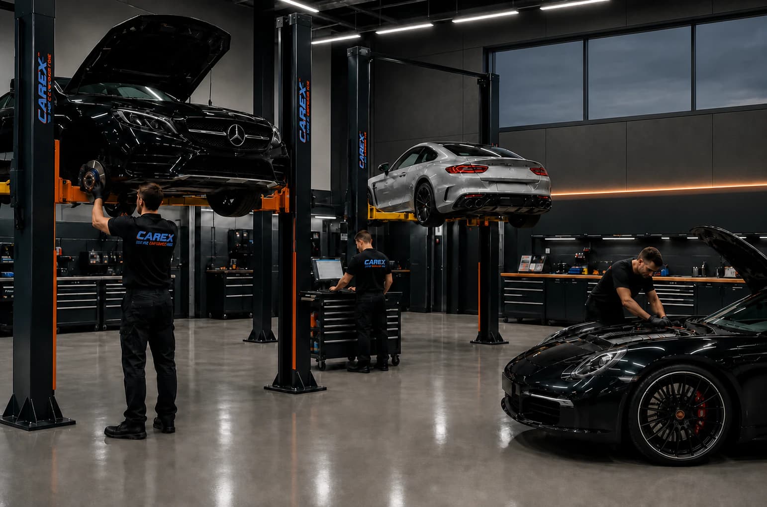 Moderne Carex Werkstatt mit Fahrzeugen auf Hebebühnen und Mechanikern bei der Arbeit