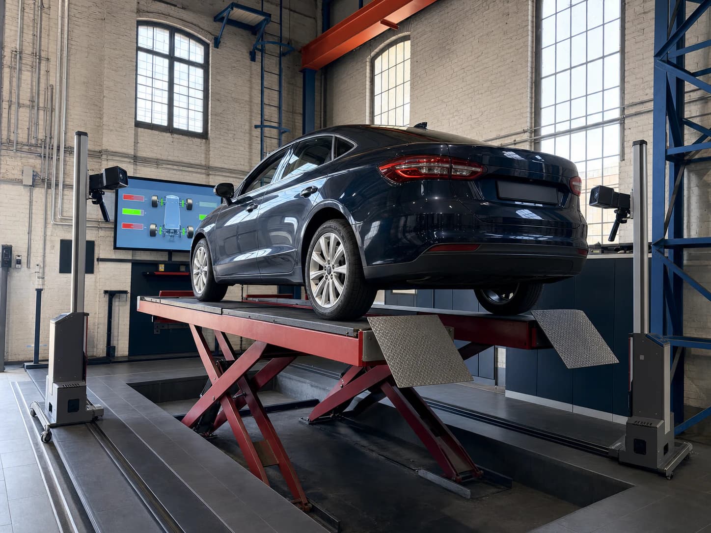 Kontaktlose 3D-Achsvermessung mit zwei optischen Scannern neben dem Fahrzeug