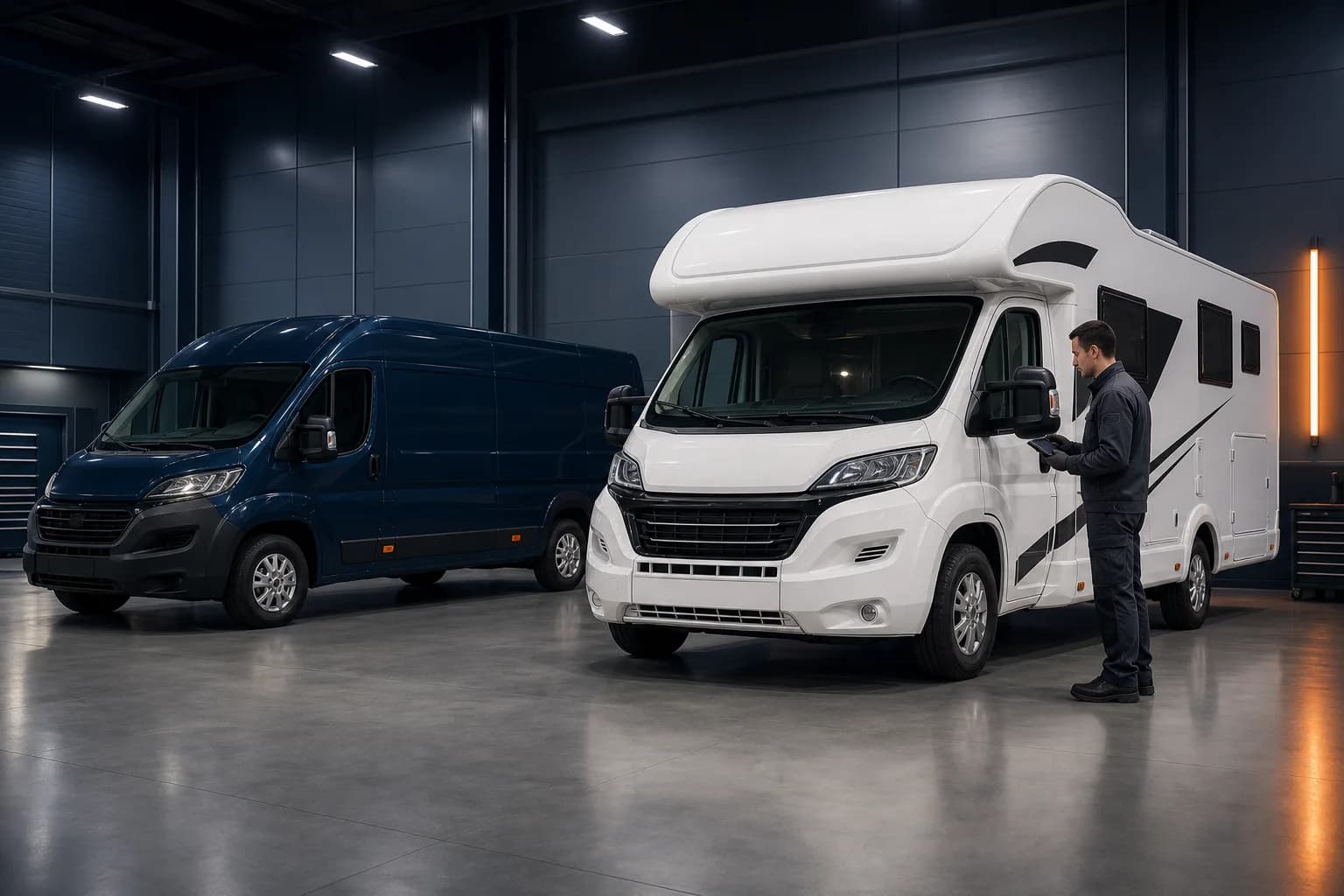 Sauberer Transporter und vollständiges Wohnmobil in einer aufgeräumten Carex Werkstatthalle