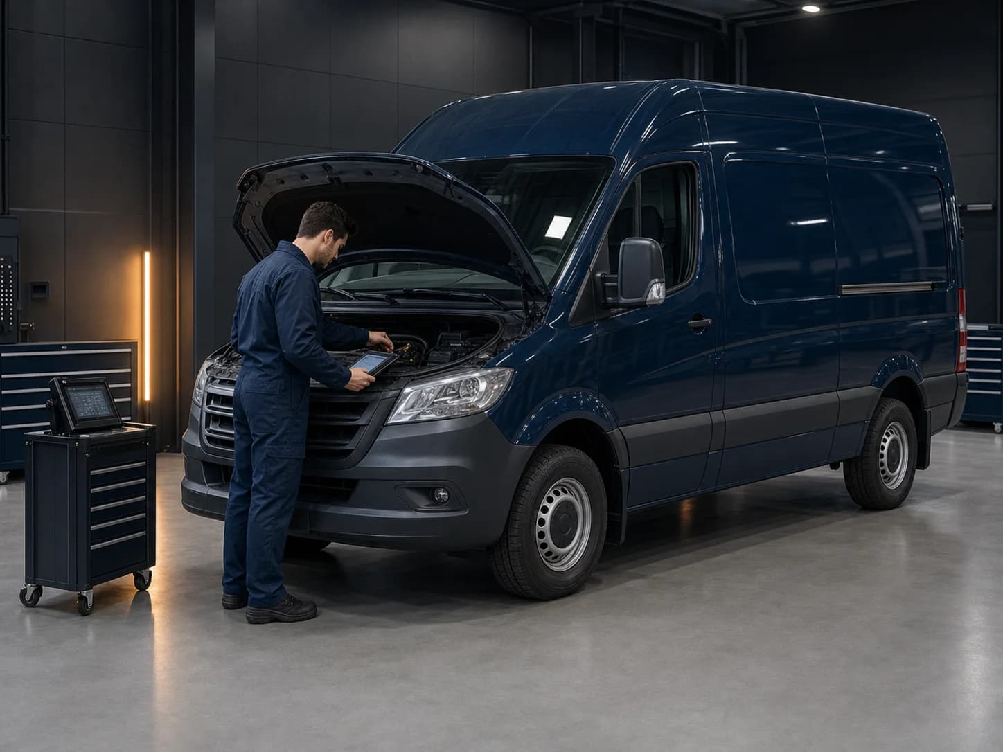 Techniker prüft den Motorraum eines sauberen Transporters mit einem Diagnosegerät