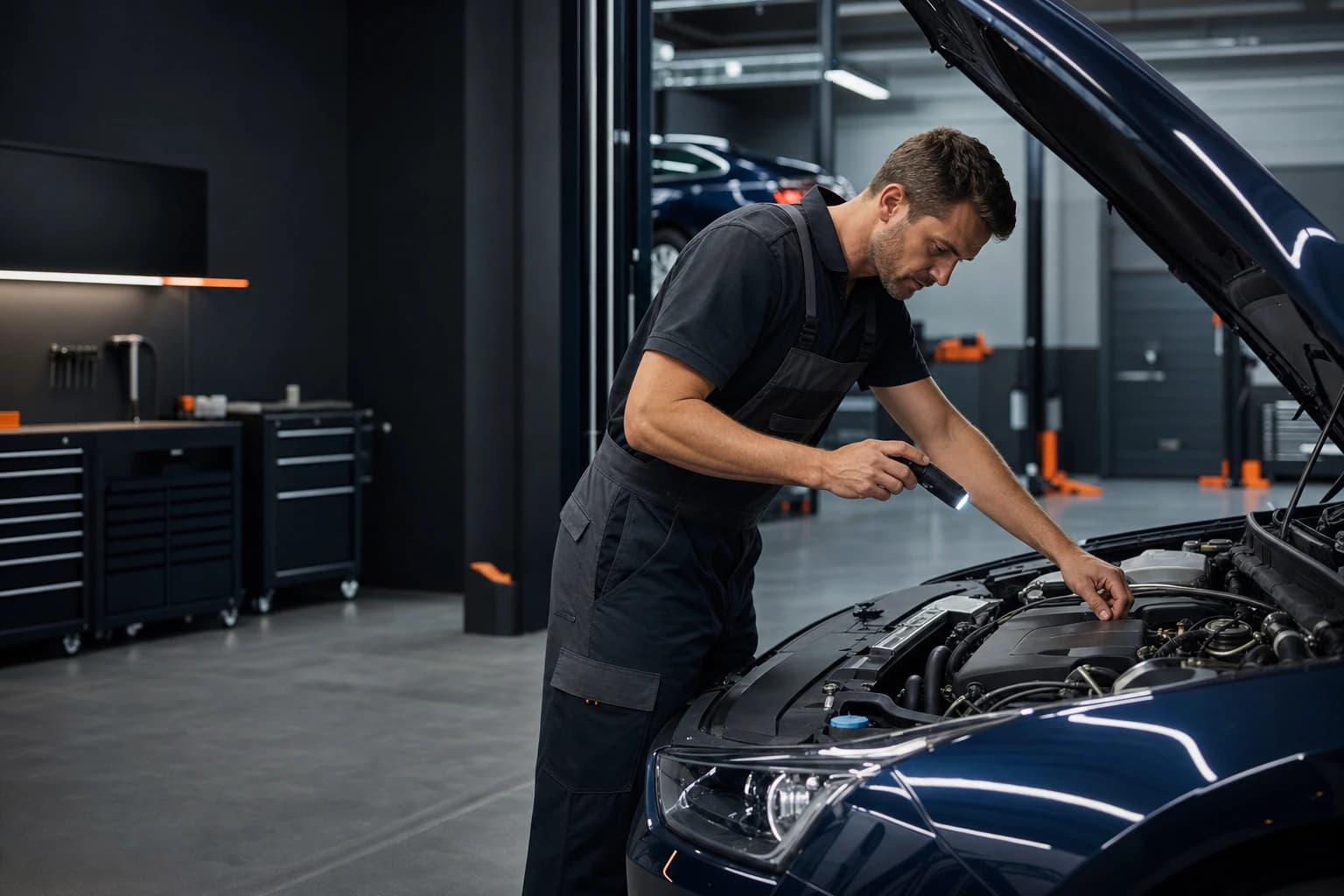 Mechaniker prüft sorgfältig den Motorraum eines Fahrzeugs in der Carex Werkstatt