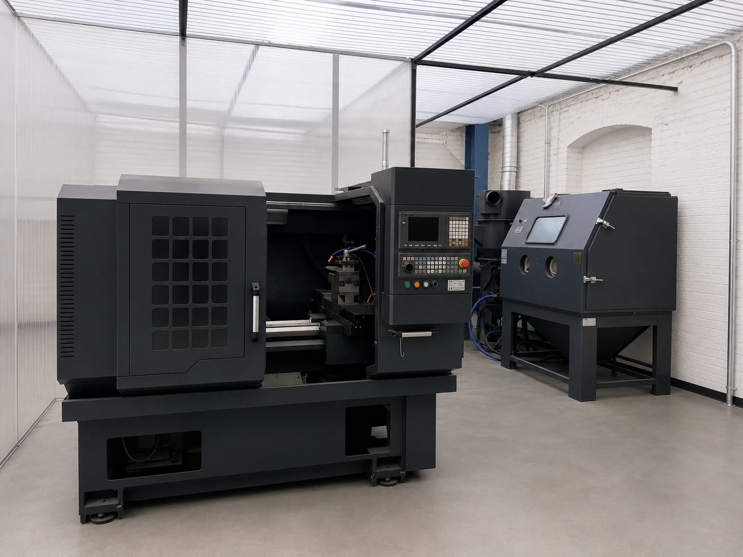 Schwarze CNC-Felgendrehmaschine mit separater Kabine im Arbeitsbereich für Felgenreparatur
